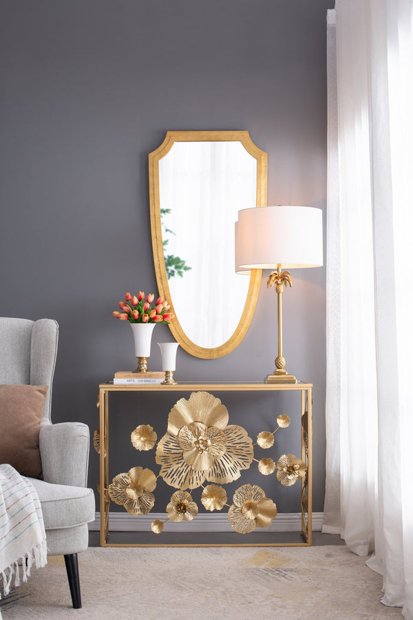 English Elm 24x46" Shield-Shaped Decorative Mirror with Gold Frame — Chic Wall Accent for Foyer, Bath, Living Room W2078P399177