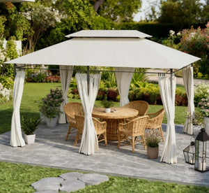 English Elm Outdoor Large Patio Gazebo Steel Frame Double Tier Canopy with Curtains for Backyard Cream White T3971P426861
