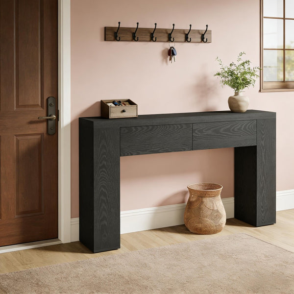 English Elm Practical Geometric Console Table with Matte Black Wood Grain Finish for Entryway or Sofa T3971P454339