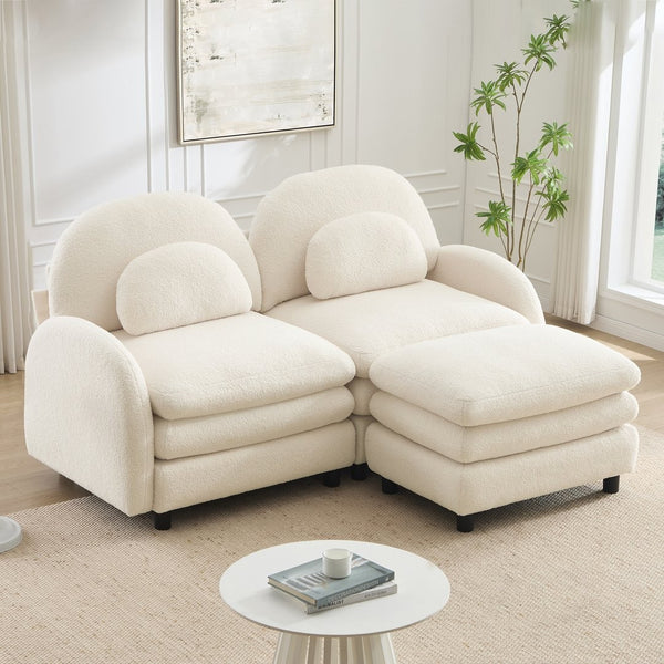 English Elm Teddy Fleece Modular Loveseat with Ottoman Curved Sculptural Sofa for Living Room Beige White W5656S00075