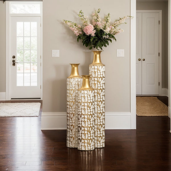 English Elm Floor Antique White Gold Metal Vases Set of 3 (32/28/24") — Tall Decorative Centerpieces for Entryway W2796P193594