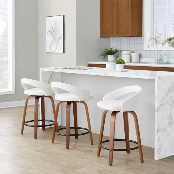 English Elm Fixed-height Swivel Counterstools Walnut Bentwood Velvet Seat Black Footrest Set B202S01760