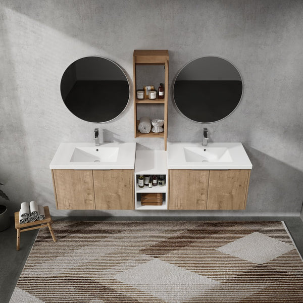 English Elm 72" Wall-Mounted Bathroom Vanity Set With Dual Sinks, Soft-Close Doors & Side Cabinet For Storage W999S00227