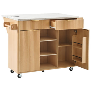 English Elm K&k Fluted Rolling Kitchen Island Faux Marble Top Power Outlet Drop Leaf Storage Natural N707S000019Y