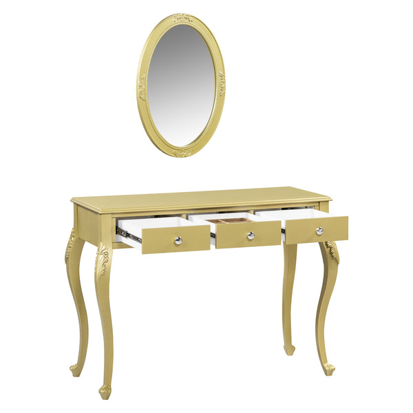 English Elm Luxury Makeup Vanity Desk with Oval Mirror and Engraved Floral Frame, Velvet Jewelry Tray, Durable Drawers and Elegant Console for Bedroom & Living Room Decor Gold N844P292481G