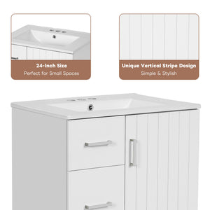 English Elm 24" Modern Bathroom Vanity with Under-Mount Sink, Vertical Stripe Design, 2 Drawers & Soft-Close Cabinet White N710P288936K