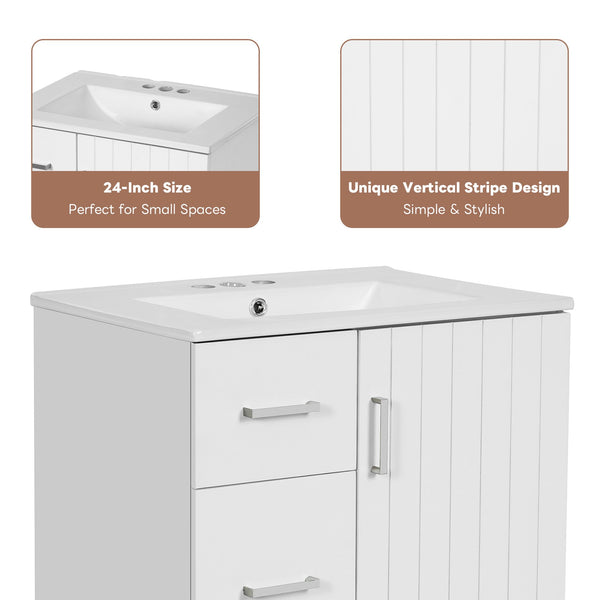 English Elm 24" Modern Bathroom Vanity with Under-Mount Sink, Vertical Stripe Design, 2 Drawers & Soft-Close Cabinet White N710P288936K