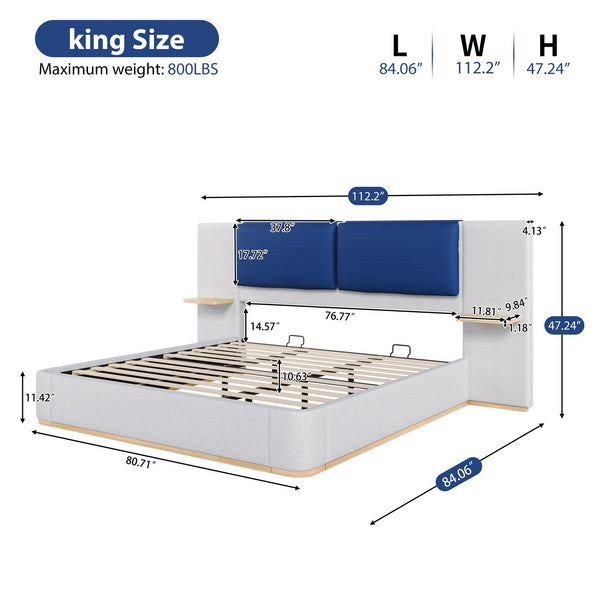 English Elm Christopher Knight Home® - King PU Leather Bed Frame with Wingback Headboard & Footboard, Gold Accents, Platform Slat Support, Elegant Design Blue+Grey 76.4 L x 12.75 W x 8.75 H N761S0000024E