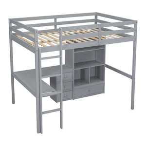 English Elm Full Size Loft Bed With Desk, Storage Solutions, Built-In Ladder & Guardrails For Safe Use In Grey W504S00160