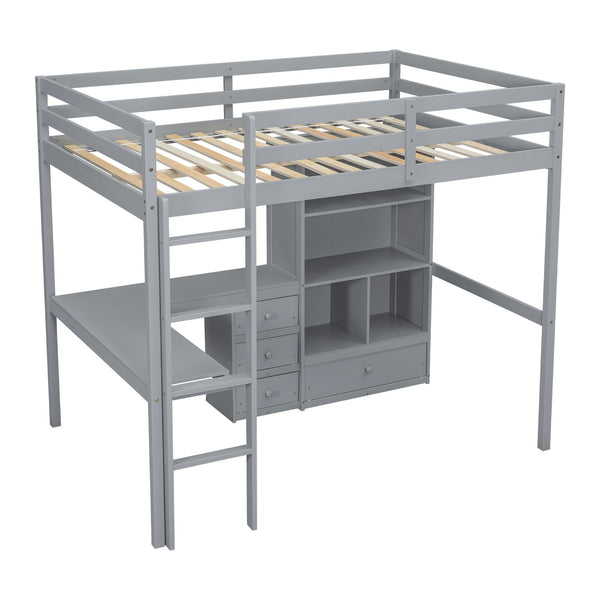 English Elm Full Size Loft Bed With Desk, Storage Solutions, Built-In Ladder & Guardrails For Safe Use In Grey W504S00160