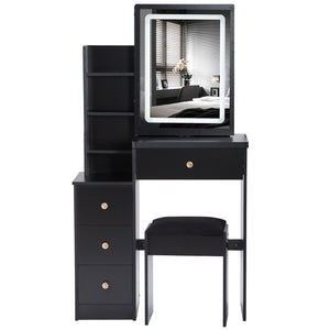 English Elm 29.2" Compact Vanity Set With Led Mirror, Cushioned Stool & Ample Storage For Small Spaces W936P202365