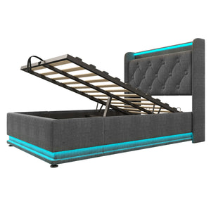 English Elm Twin Upholstered Bed with Hydraulic Storage, Surround LED, App/Remote Control & USB Type-C Charging Gray N736P188805G