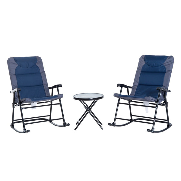 English Elm Outsunny 3-Piece Bistro Patio Furniture Set With Glass Table & 2 Folding Rocking Chairs, Navy Blue W2225P174319-GIGA
