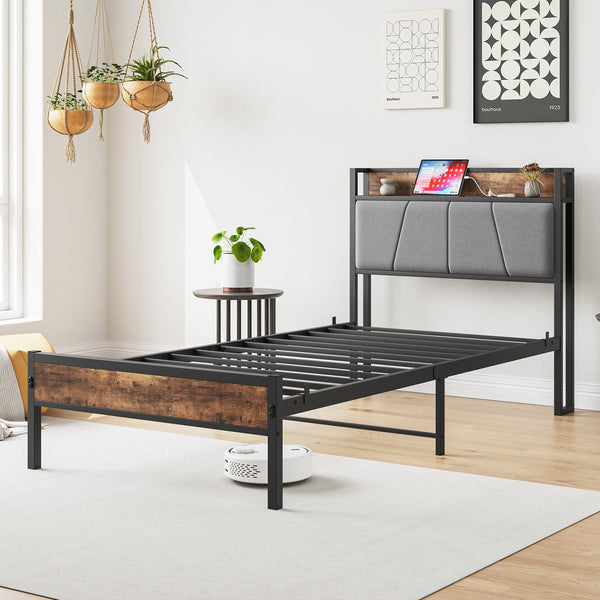 English Elm Twin Twin Size Bed Frame with Storage Headboard, USB Charging Ports, Gray Upholstered, Sturdy Metal Slats W840120026