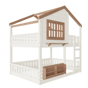 English Elm Full Bunk Bed with Trundle Bookshelf Storage Pine Frame Car Design for Kids Beige W1580S00523