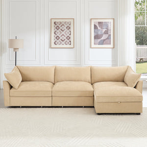 English Elm L-Shaped Modular Sofa With Movable Footstool, Cozy Crescent Armrests, Wheat Chenille Elegance W3041S00176