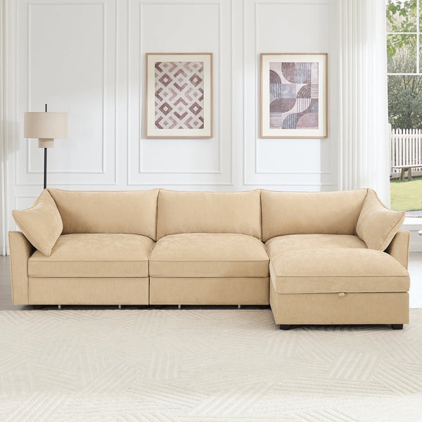 English Elm L-Shaped Modular Sofa With Movable Footstool, Cozy Crescent Armrests, Wheat Chenille Elegance W3041S00176