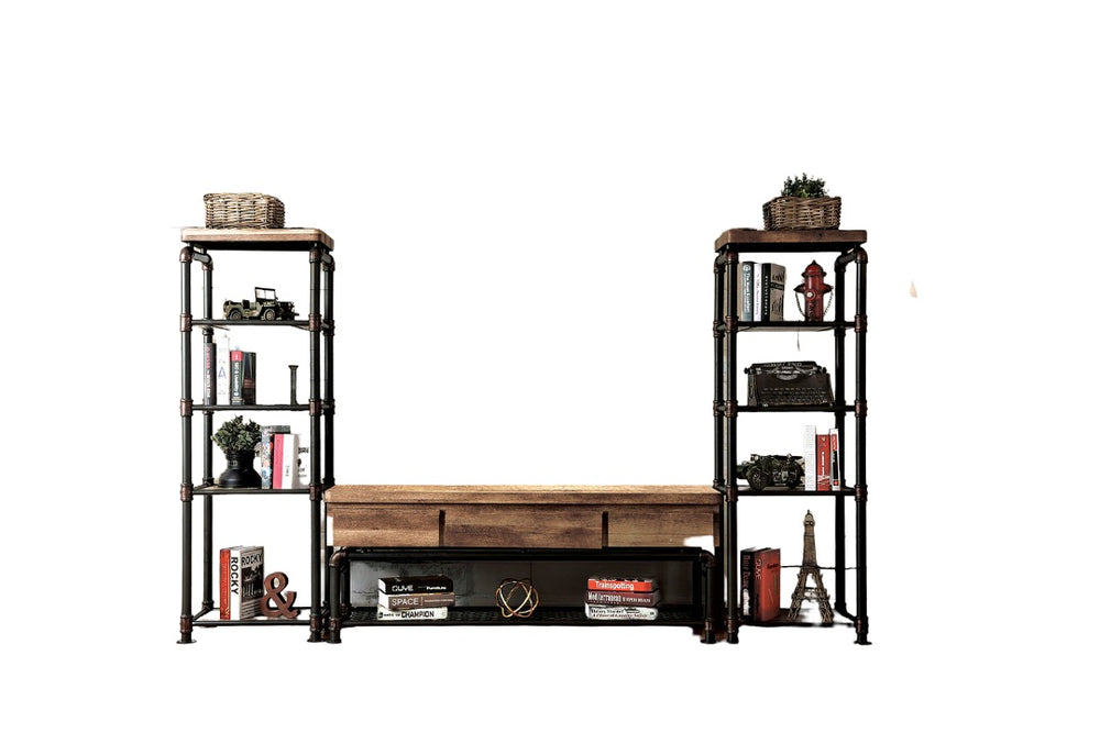 English Elm Industrial 60" TV Console with Pipe Frame, Wire Mesh Shelves, Drawer & Rustic Wood Storage Finish B2741S00473