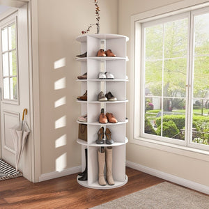 English Elm Rotating Shoe Rack Tower - 6-Tier 360° Spinning Organizer For 24 Pairs, Space-Saving Design, White W2699P270163-GIGA