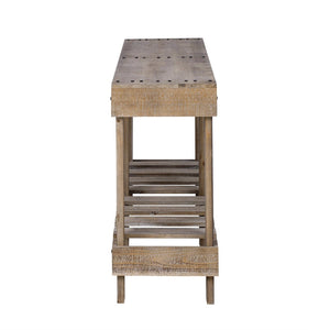 English Elm U_Style 62.9" Vintage Console Table - Solid Fir Wood, Antique Metal Rivets & Under-Shelf Storage Option N711P289135O-GIGA