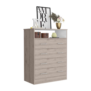 English Elm Four Drawer Dresser with Superior Top and Open Shelf, Engineered Wood, Metal Hardware, Modern Storage Multicolor 47 L x 21 W x 4 H B097S00141