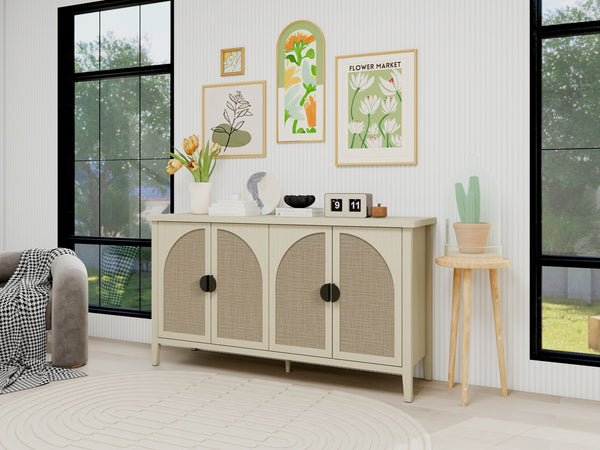 English Elm Rattan 4 Door Cabinet with Metal Semi-Circle Handles, Pine Feet, Adjustable Shelves, Non-Slip Pads W688P223028