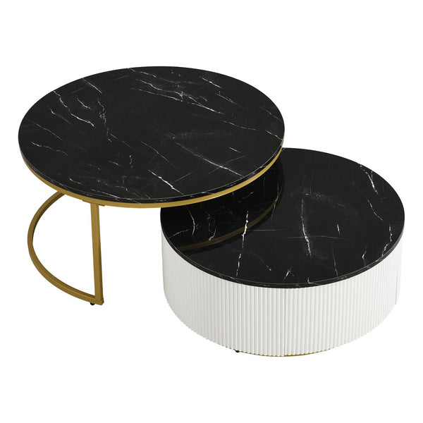 English Elm Modern Round Nesting Coffee Table Set with Fluted MDF Top, Hidden Drawer & Gold Pedestal Bases Enhances Style Golden Black CH325939AAB