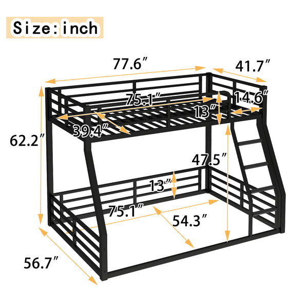 English Elm Metal Bunk Bed, Twin-Over-Full Heavy-Duty Frame For Kids & Adults, Noise-Reducing & Safe Design W1580S00160
