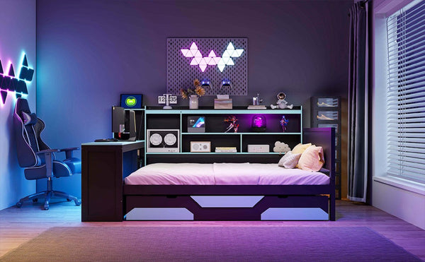 English Elm Full Size Gaming Bed Frame with Desk Led Lights Storage Drawers and Charging Station Black+Blue LP000289AAC