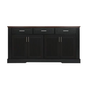 English Elm 63" Fluted Mdf Sideboard with Wood Tone Top Four Doors Three Drawers Dining Storage Black W2917S00010