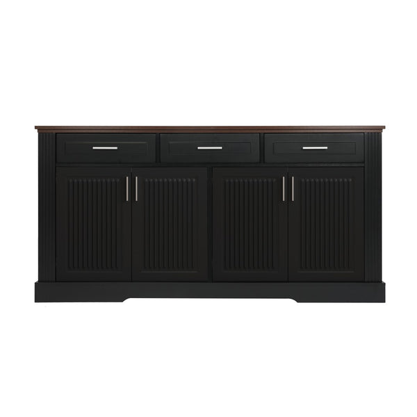 English Elm 63" Fluted Mdf Sideboard with Wood Tone Top Four Doors Three Drawers Dining Storage Black W2917S00010