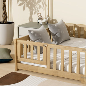 English Elm Queen Floor Bed with Safety Fence and Guardrails, Rubberwood Low Profile Platform for Kids Natural W504P286389