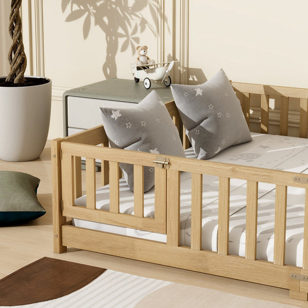 English Elm Queen Floor Bed with Safety Fence and Guardrails, Rubberwood Low Profile Platform for Kids Natural W504P286389