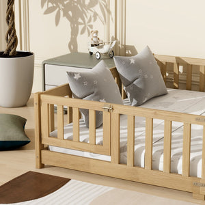 English Elm Queen Rubber Wood Floor Bed with Full Perimeter Safety Fence and Hinged Access Door Natural W504P429341