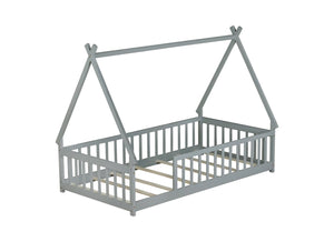 English Elm Twin Tent-Shaped Floor Bed With Guardrails, Grey Teepee Design For Safe Playful Sleep & Comfort W504P345774-GIGA