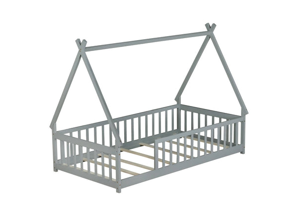 English Elm Twin Tent-Shaped Floor Bed With Guardrails, Grey Teepee Design For Safe Playful Sleep & Comfort W504P345774-GIGA