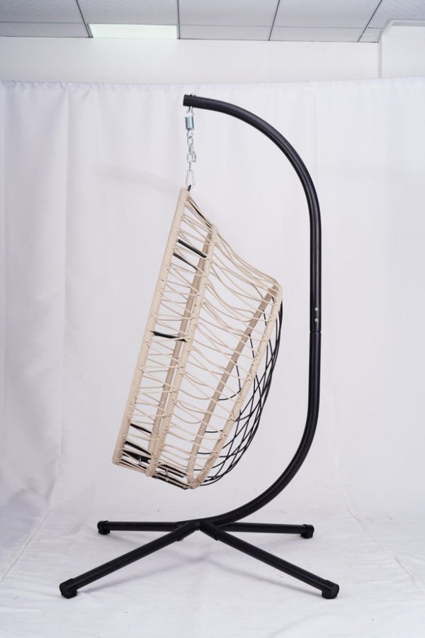 English Elm Outdoor Egg-shaped Hanging Chair with Stand — Beige Gray+White HDPE Cushions, 350lb Sturdy Frame W2500P290032