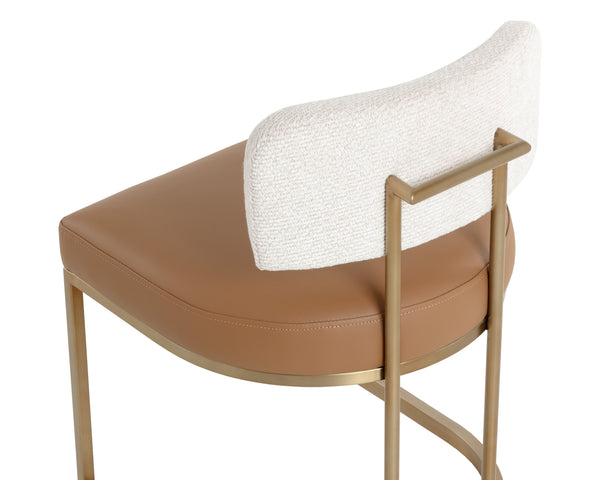 Sunpan Larissa Dining Chair: Elegant Napa Cognac & Rhea Light Barley Upholstery With Brass Steel Frame Brown Fabric ,Faux Leather 112100