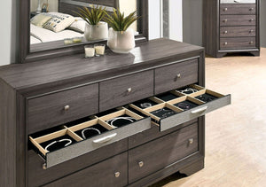 English Elm Contemporary Chic Chest with Gold Accents, Acrylic Trim, Metal Bracket Legs and Dust‑Proof Drawers Gray 67 L x 20 W x 44 H B2741P375938