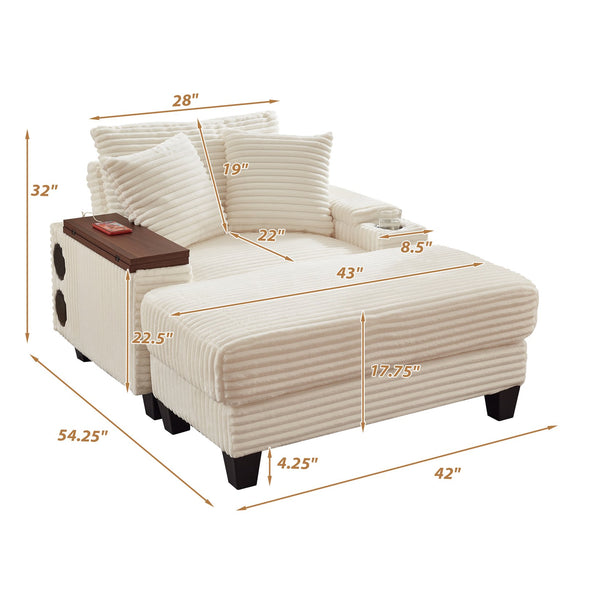 English Elm Fluffy Corduroy Storage Armrest Sofa with Ottoman, Bluetooth Speaker, USB, 180° Swivel Desk White W3705P349935