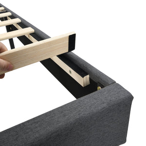 English Elm KING Upholstered Platform Bed Frame with Button-Tufted Linen Headboard, USB Ports, Storage Pockets, Dark Gray W311P285483