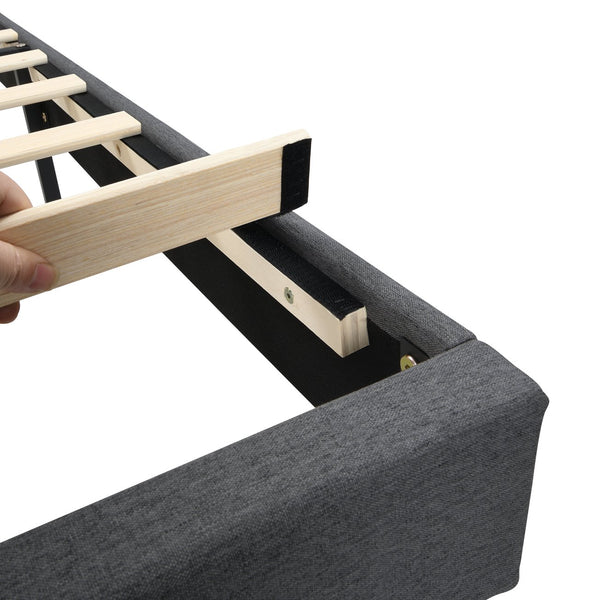 English Elm Queen-Size Upholstered Platform Bed Frame with Button-Tufted Linen Headboard, Built-In USB Hub and Storage Dark Gray W311P285482