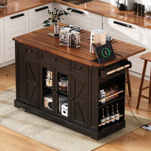 English Elm K&K 53" Farmhouse Kitchen Island with Drop Leaf, Tempered Glass Doors, Power Outlet, Rolling Cart Black N707P263637B