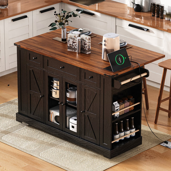 English Elm K&K 53" Farmhouse Kitchen Island with Drop Leaf, Tempered Glass Doors, Power Outlet, Rolling Cart Black N707P263637B