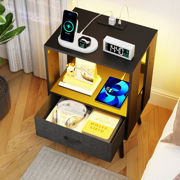 English Elm 2 Pack Modern Nightstands With Led Lighting & Charging Station - Stylish Fabric Drawers Included W1550P272495
