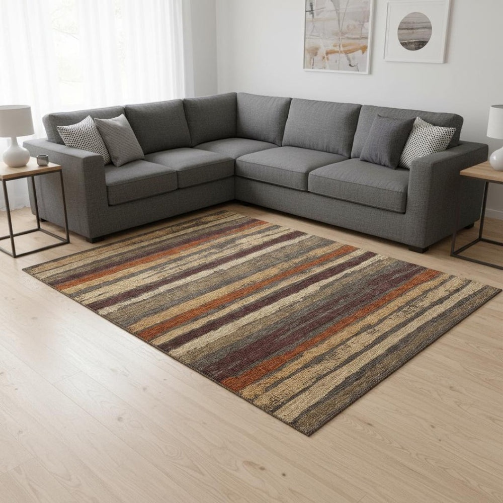 HomeRoots 9' X 12' Elegant Chocolate, Gold & Burgundy Striped Washable Area Rug with UV Protection & Stability 680000
