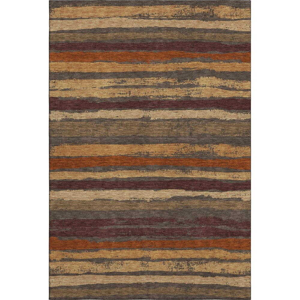 HomeRoots 9' X 12' Elegant Chocolate, Gold & Burgundy Striped Washable Area Rug with UV Protection & Stability 680000