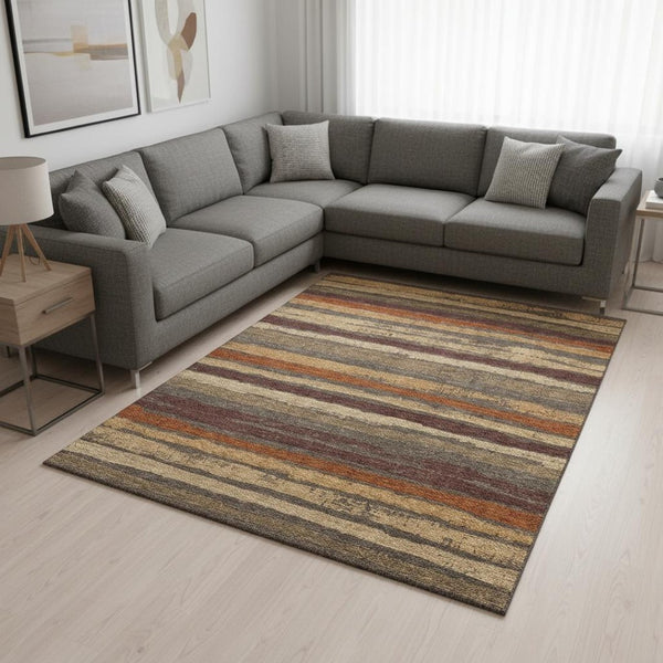 HomeRoots 10' X 14' Washable Chocolate, Gold & Burgundy Striped Area Rug – Durable, UV-Protected & Stylish! 680001