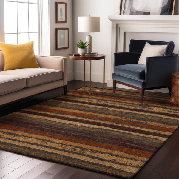 HomeRoots 10' X 14' Washable Chocolate, Gold & Burgundy Striped Area Rug – Durable, UV-Protected & Stylish! 680001