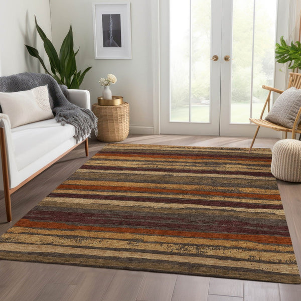 HomeRoots 10' X 14' Washable Chocolate, Gold & Burgundy Striped Area Rug – Durable, UV-Protected & Stylish! 680001